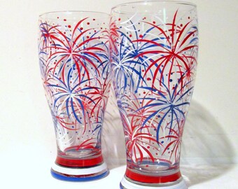 July Fourth Fireworks Set of 2 - 19 oz. Hand Painted Pilsner Beer Glasses Independence Day July 4th Red White and Blue Patriotic