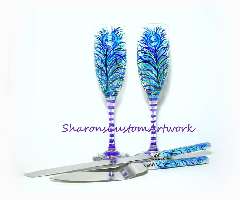 Purple Peacock Feathers 4 Piece Wedding Set 2 6 oz. Hand Painted Champagne Toasting Flutes with Cake Knife & Server Set Peacock Wedding image 1