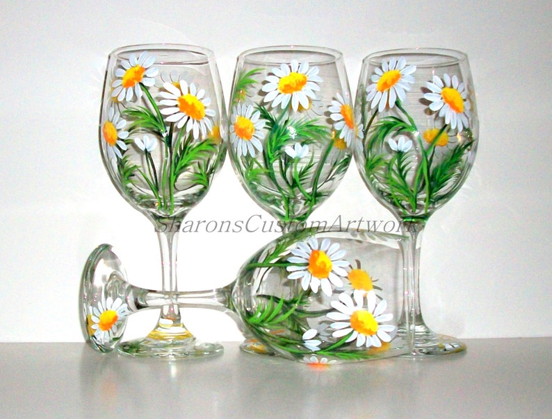 Springtime White Daisies Hand Painted Wine Glasses Set of 4 / 20 oz. Wine Glasses Painted Wine Handpainted Wine Glasses Daisy, Wedding Gift image 1