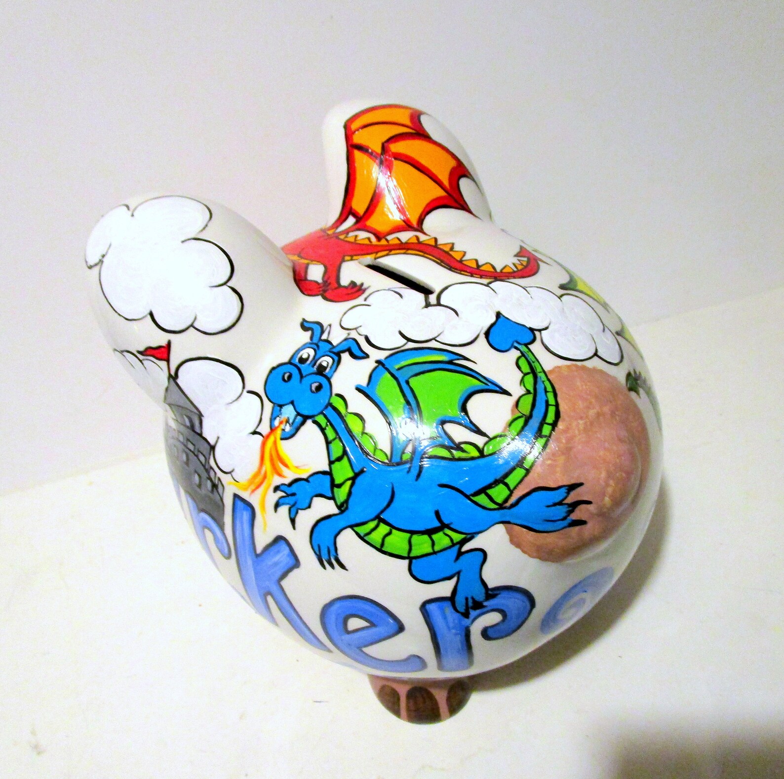Jumbo Ceramic Piggy Bank Hand Painted Magical Dragons Blue Etsy