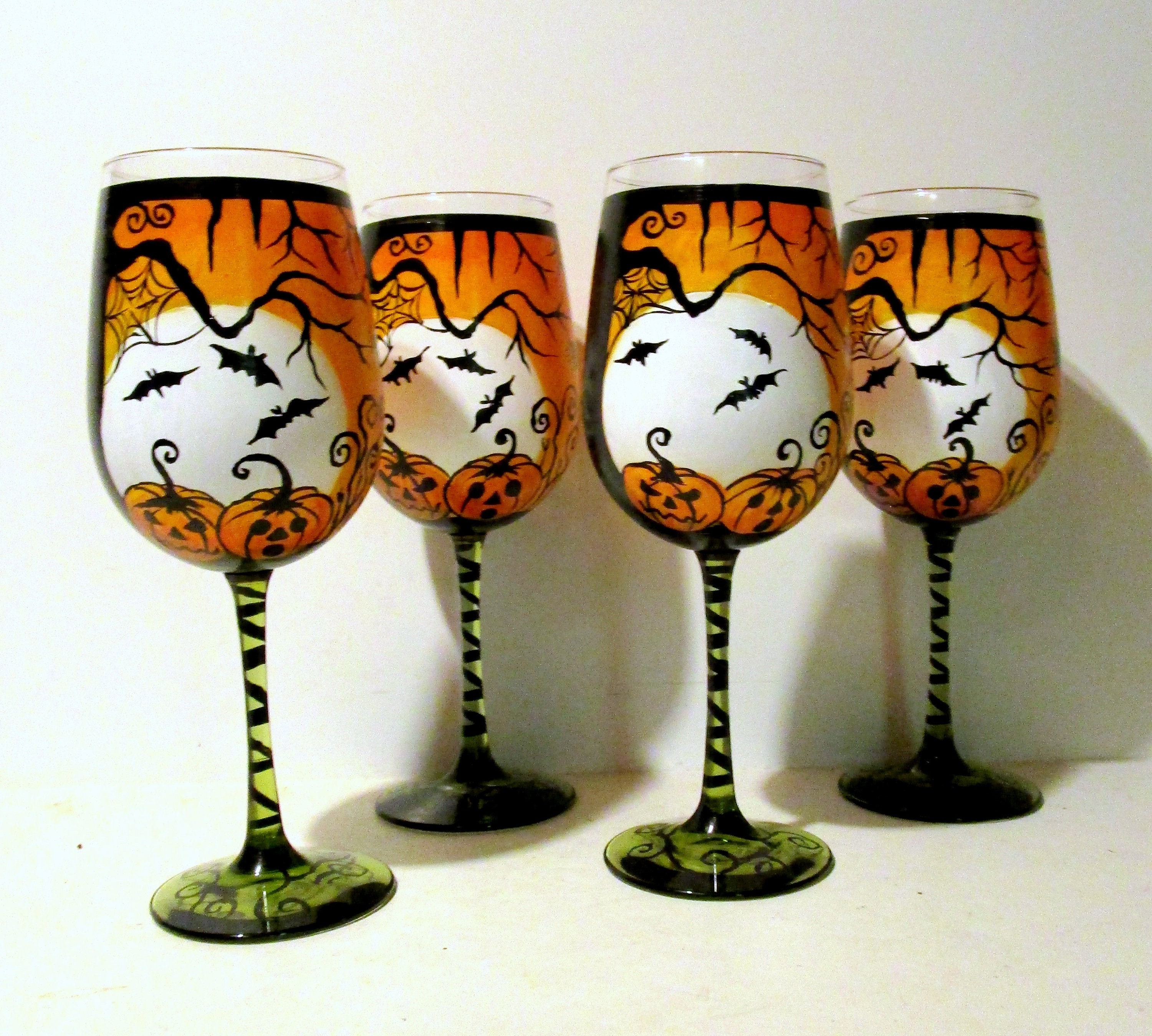 Halloween Hand Painted Wine Glasses Set of 4 20 oz. Green Etsy