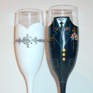 Bride and Groom Wedding Dress and United States Air Force Uniform Hand Painted Set of 2 / 6 oz. Champagne Flutes, Toasting Flutes, Wedding image 1