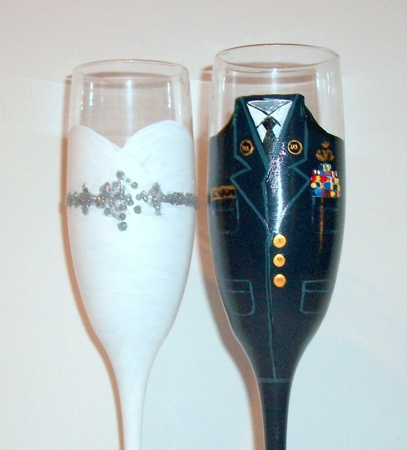 Bride and Groom Wedding Dress and United States Air Force Uniform Hand Painted Set of 2 / 6 oz. Champagne Flutes, Toasting Flutes, Wedding image 1