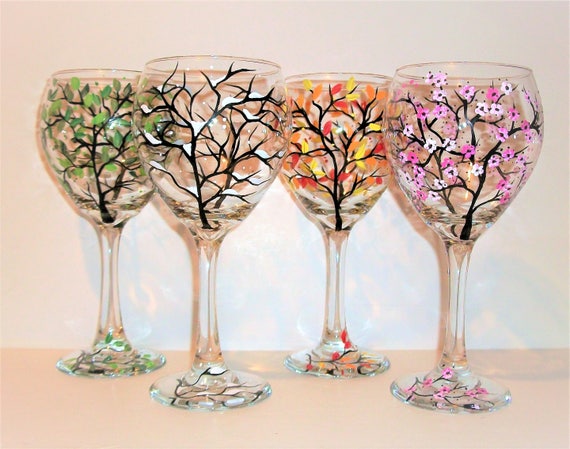 4 Seasons Hand Painted Wine Glasses Set 4 20 Oz Red Wine Goblets