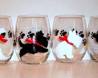 White & Black Scottish Terrier Dog Silhouette Hand Painted Wine Glasses Set of 4 - 21 oz. Stemless Wine Glasses Glassware Scotties Dog Lover