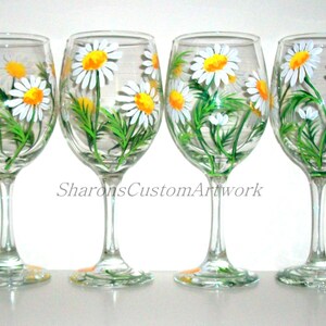 Springtime White Daisies Hand Painted Wine Glasses Set of 4 / 20 oz. Wine Glasses Painted Wine Handpainted Wine Glasses Daisy, Wedding Gift image 5