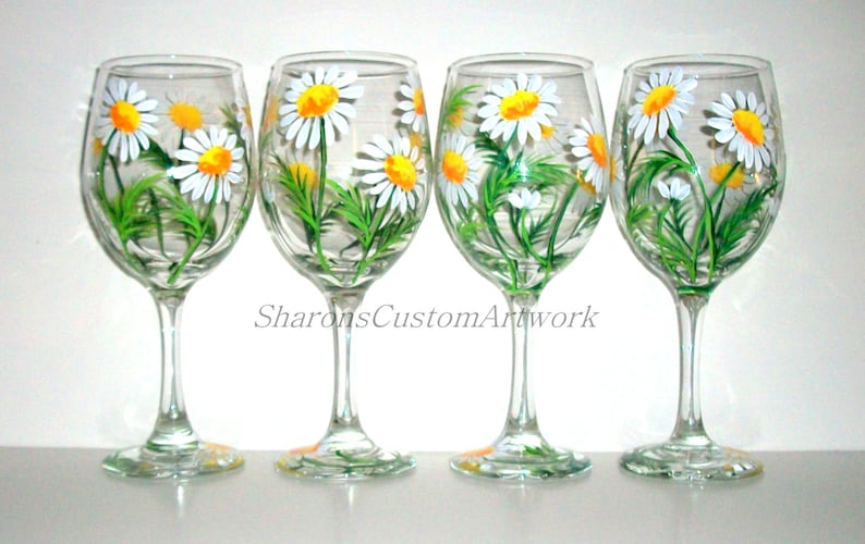 Springtime White Daisies Hand Painted Wine Glasses Set of 4 / 20 oz. Wine Glasses Painted Wine Handpainted Wine Glasses Daisy, Wedding Gift image 5