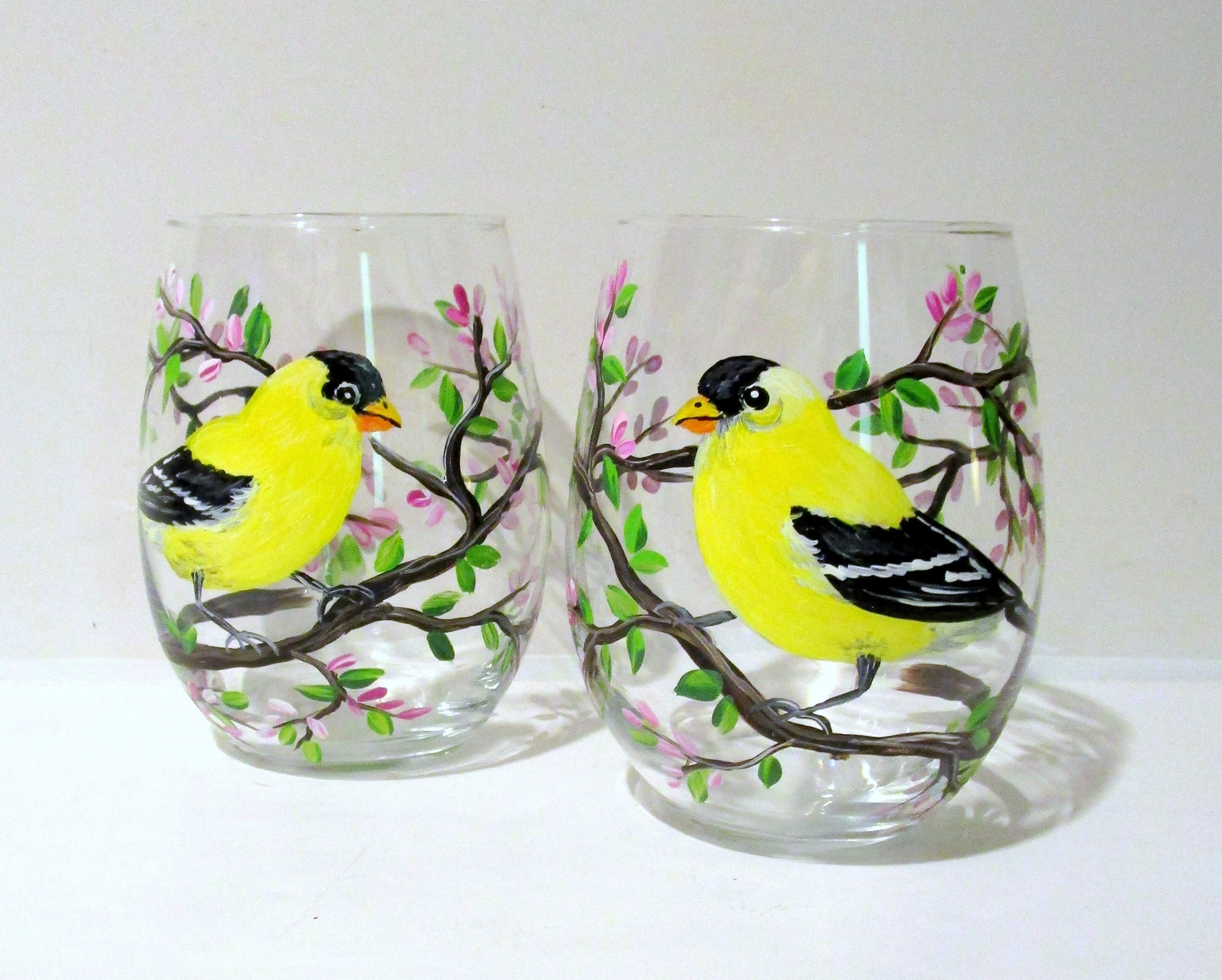 Hand Painted Blue Jay on a Crystal Wine Glasses ,set of 2 ,drink