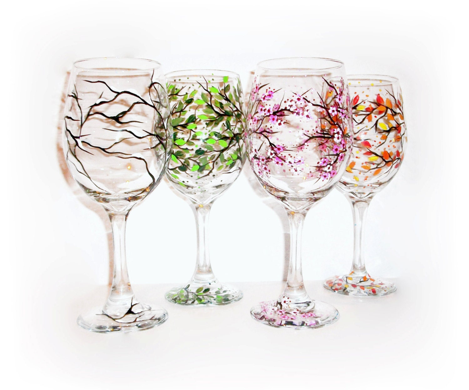 SAKEMA Verres à vin d'arbre de quatre saisons - Art peint à la main, verres  à vin peints de printemps été automne hiver, verres colorés de conception