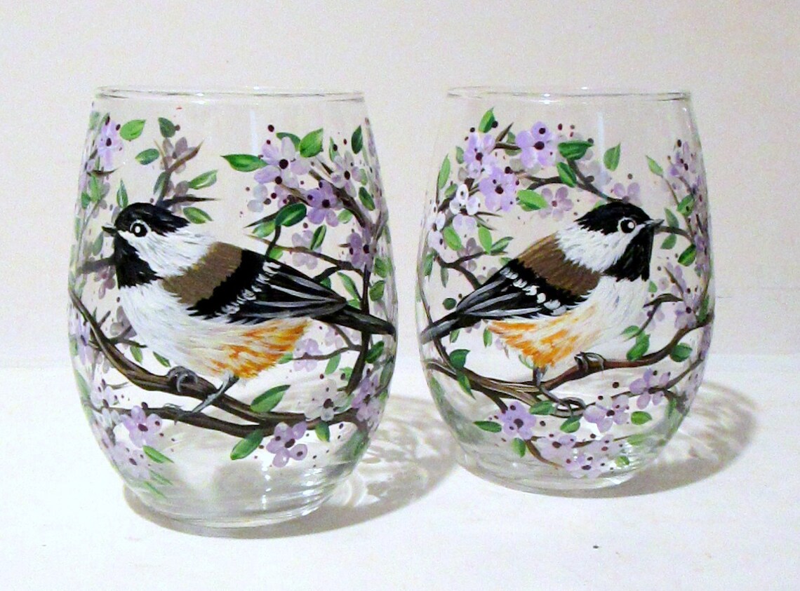 Wild Birds Hand Painted Stemless Wine Glasses Set of 2 Etsy