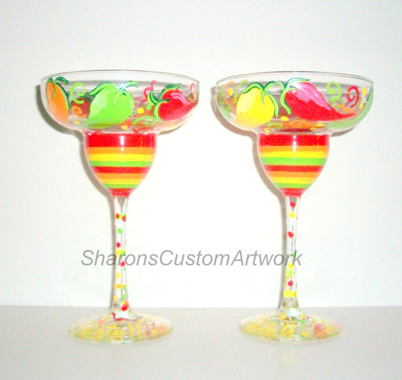 Tall Margarita Glasses Festive Chili Peppers Hand Painted Etsy