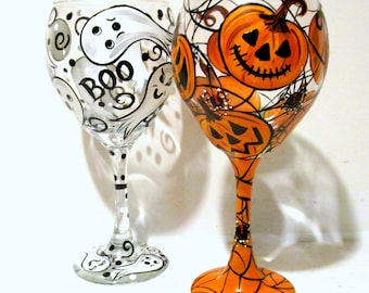 Jack-o- Lanterns & Ghosts, Polka Dots Halloween Hand Painted Goblet Wine Glasses, Set of 2- 20 oz. Halloween Glassware Spider Web Party Gift