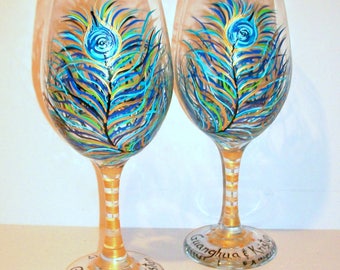 Peacock Feathers Hand Painted Wine Glasses Set 2- 20 oz Bridesmaids Gift, Bride Gift Wedding Anniversary Gift Plums, Navy Blue, Pinks, Blues