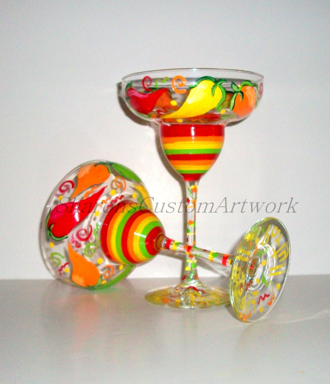 Tall Margarita Glasses Festive Chili Peppers Hand Painted Glasses 2
