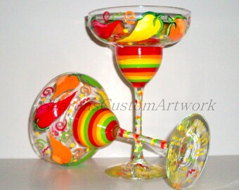 Tall Margarita Glasses Festive Chili Peppers Hand Painted Glasses 2- 13oz Margarita Green Orange Yellow Red Hot Chili Peppers Party & Fiesta