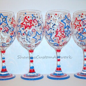 July Fourth, Patriotic New Years Eve Stars & Stripes Red White and Blue Independence Day Set of 4 20 oz. Hand Painted Wine Glasses image 7