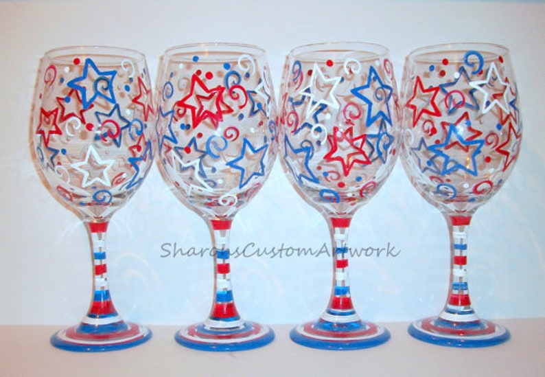 July Fourth, Patriotic New Years Eve Stars & Stripes Red White and Blue Independence Day Set of 4 20 oz. Hand Painted Wine Glasses image 7