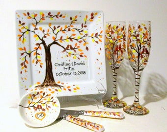 Fall Leaves, Love Birds 5 Piece Wedding Set, Hand Painted  8.5 in. Plate, Champagne Flutes, Cake Knife and Server Set Ring Dish, Autumn