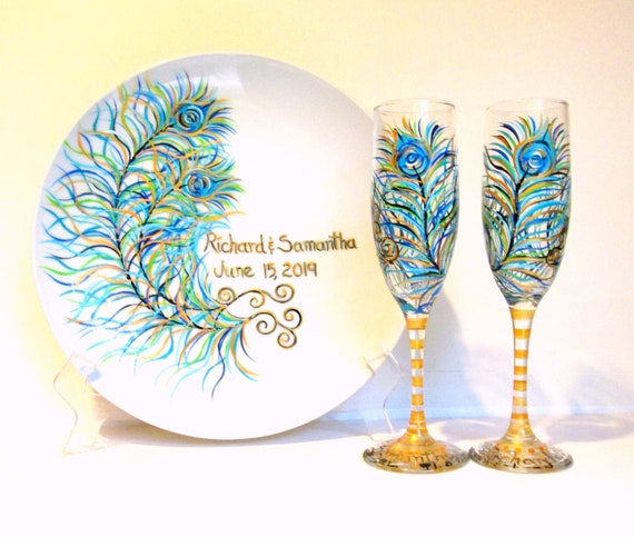 Wedding Glasses Hand Painted Peacock Feathers Champagne Flutes & Plate Set 2 - 6 oz Toasting Flutes 1- 10 1/2 Plate Wedding Anniversary