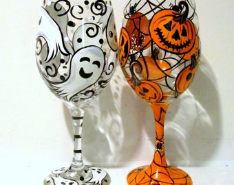 Jack-o- Lanterns & Ghosts, Polka Dots Halloween Hand Painted Wine Glasses, Set of 2- 20 oz. Halloween Glassware Spider Web Party Gift