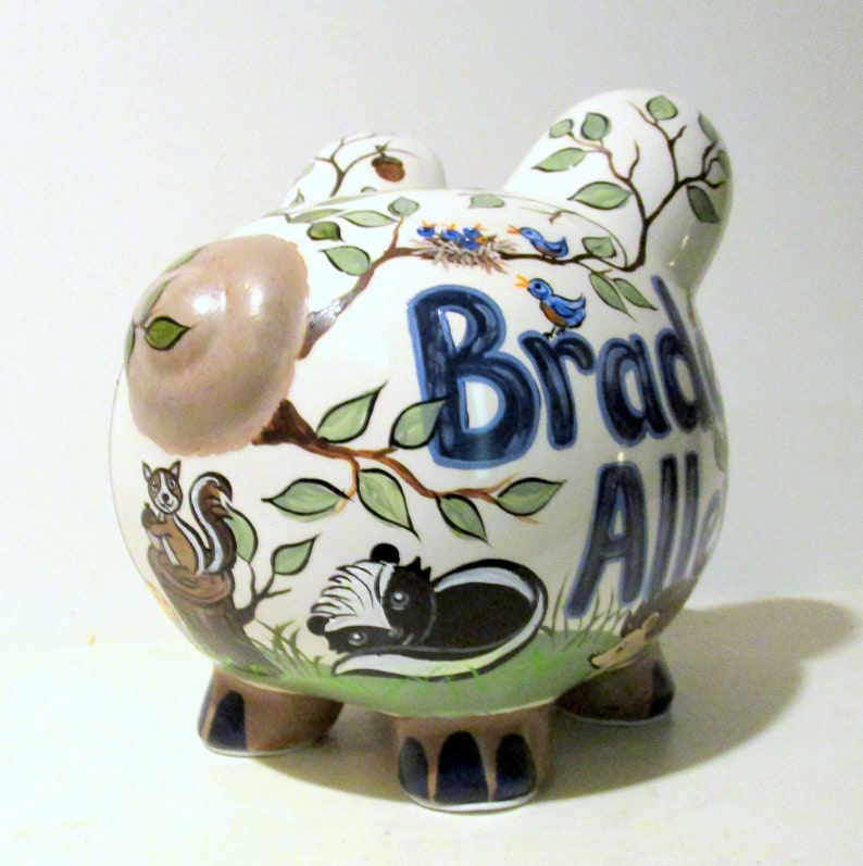 Ceramic Large Piggy Bank Hand Painted Woodland Animals Boy Etsy