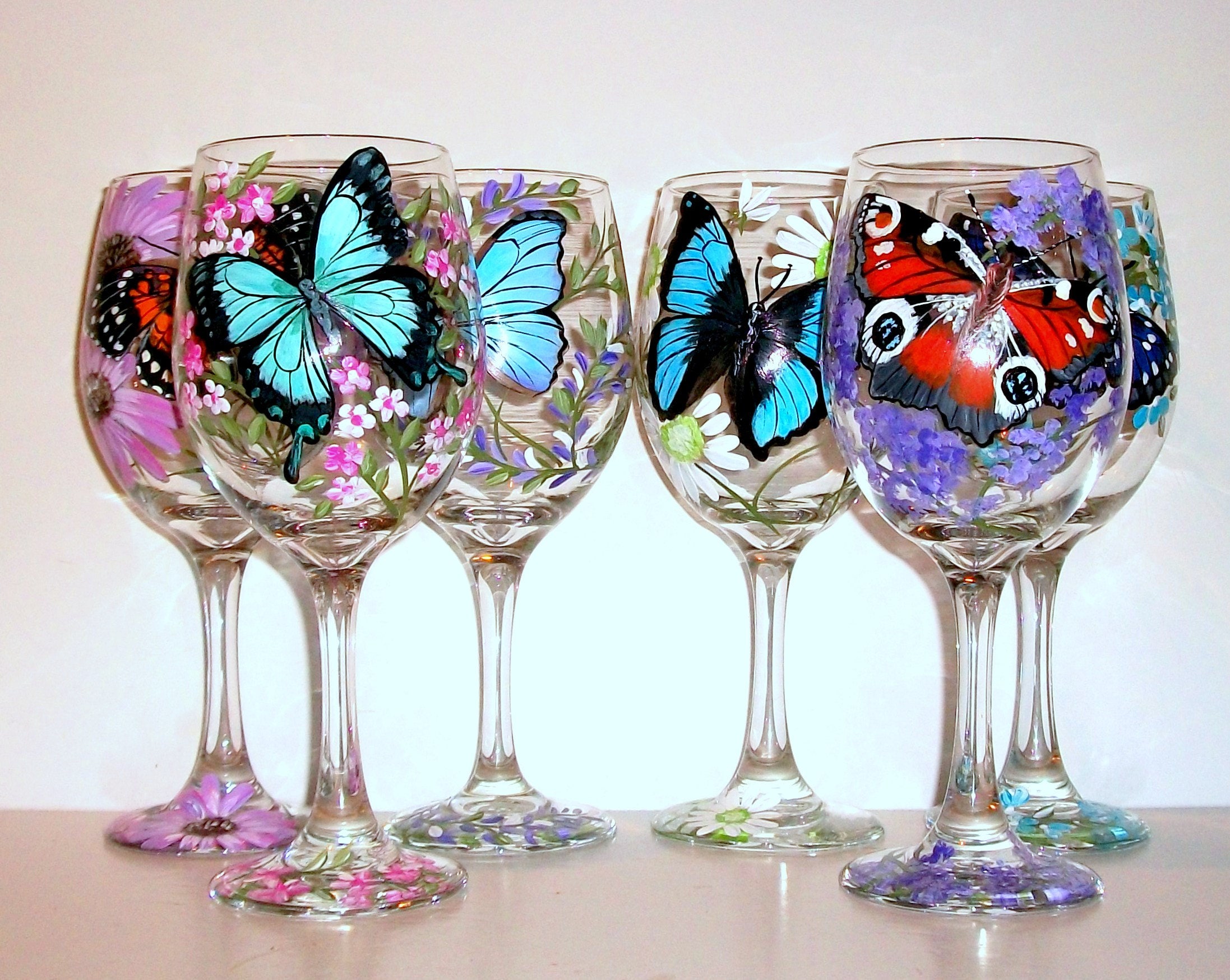Butterflies and Flowers One Glass Hand Painted Wine Glass | Etsy