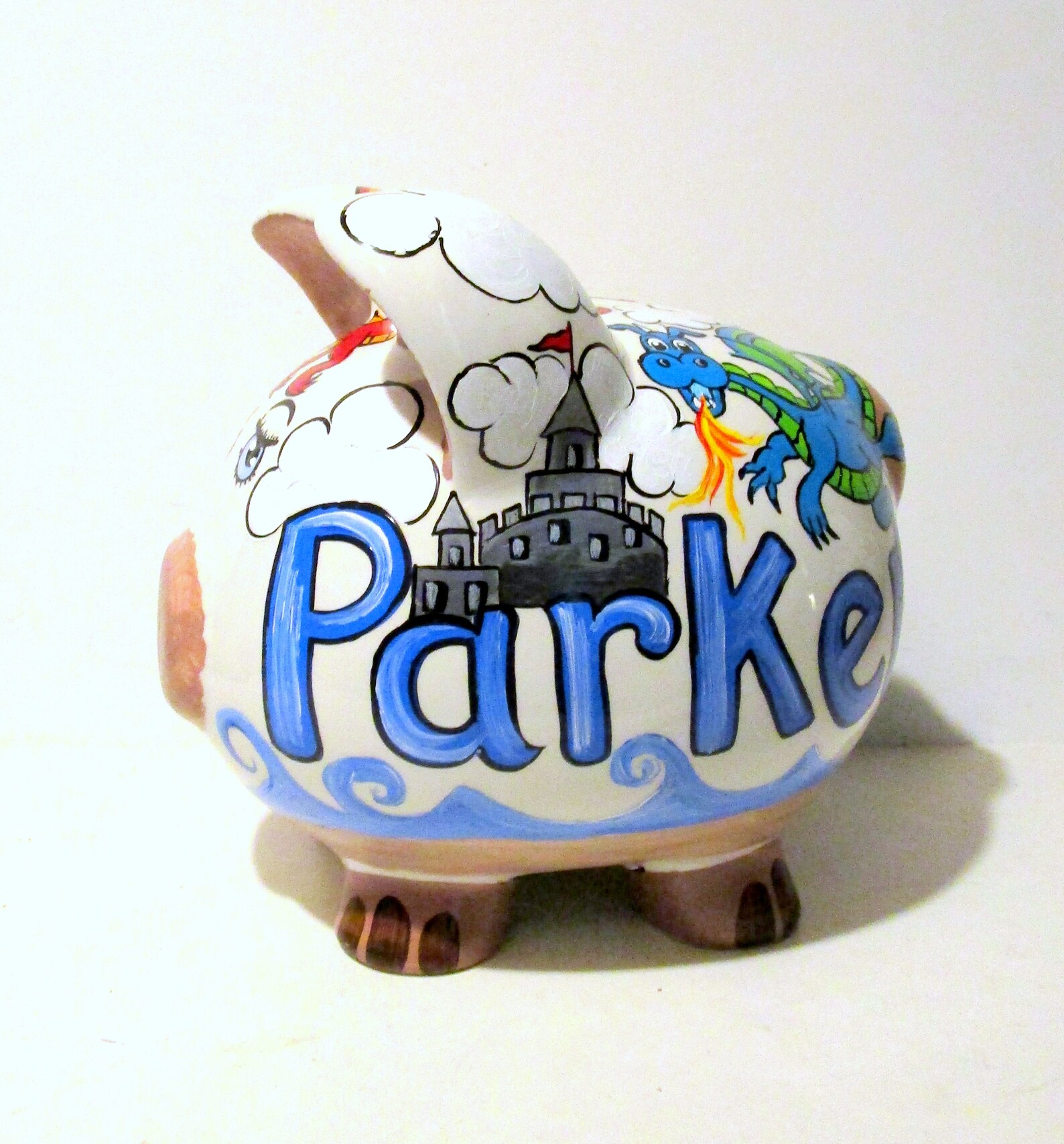Jumbo Ceramic Piggy Bank Hand Painted Magical Dragons Blue Etsy