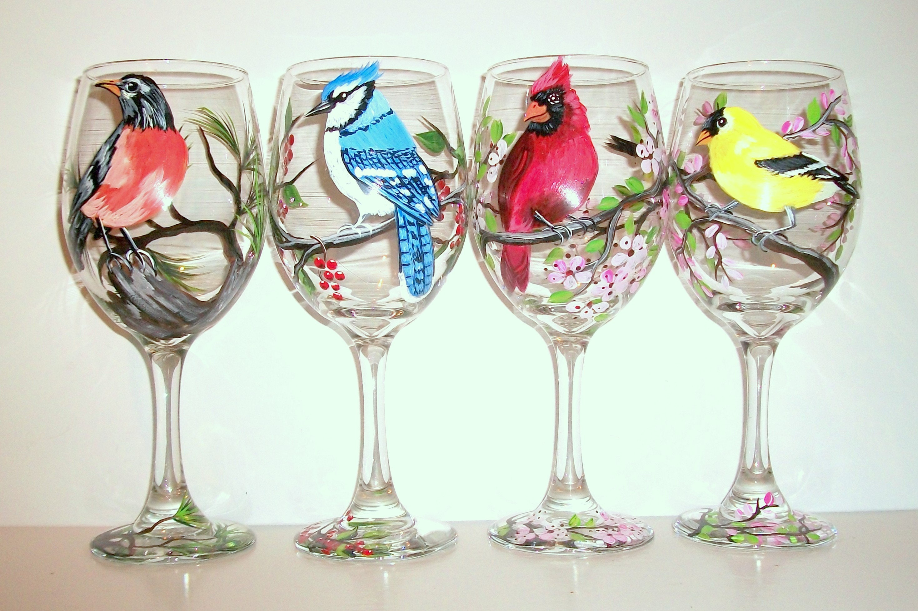 Wild Birds Hand Painted Wine Glasses Set 4 20 oz Cardinal Etsy
