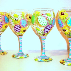 Easter Eggs & Daisies Yellow Sunflowers Hand Painted Easter Wine Glasses Set of 4 20 oz. Red Wine Goblets Daisy Decorated Eggs Easter Gift image 2