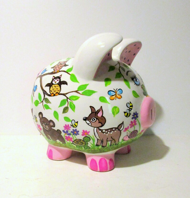 Jumbo Ceramic Piggy Bank Hand Painted Woodland Animals Peeking Etsy