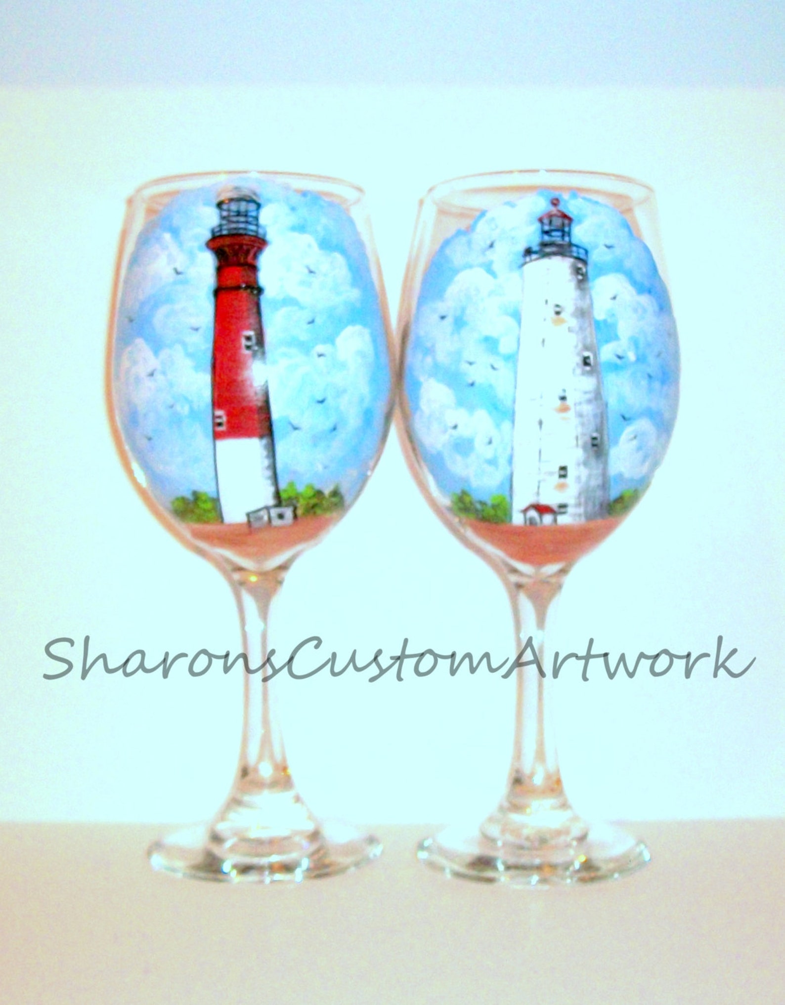 Hand Painted Wine Glasses Lighthouses Set of 2 20 Oz. Wine Etsy