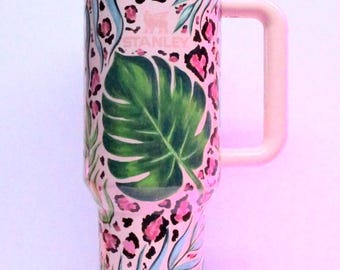 Stanley Cup Hand Painted Monstera Leaves, leopard Print Tumbler 40 oz. Tumbler with Handle Straw Insulated Travel Coffee Mug Stainless Steel
