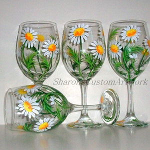 Springtime White Daisies Hand Painted Wine Glasses Set of 4 / 20 oz. Wine Glasses Painted Wine Handpainted Wine Glasses Daisy, Wedding Gift image 4