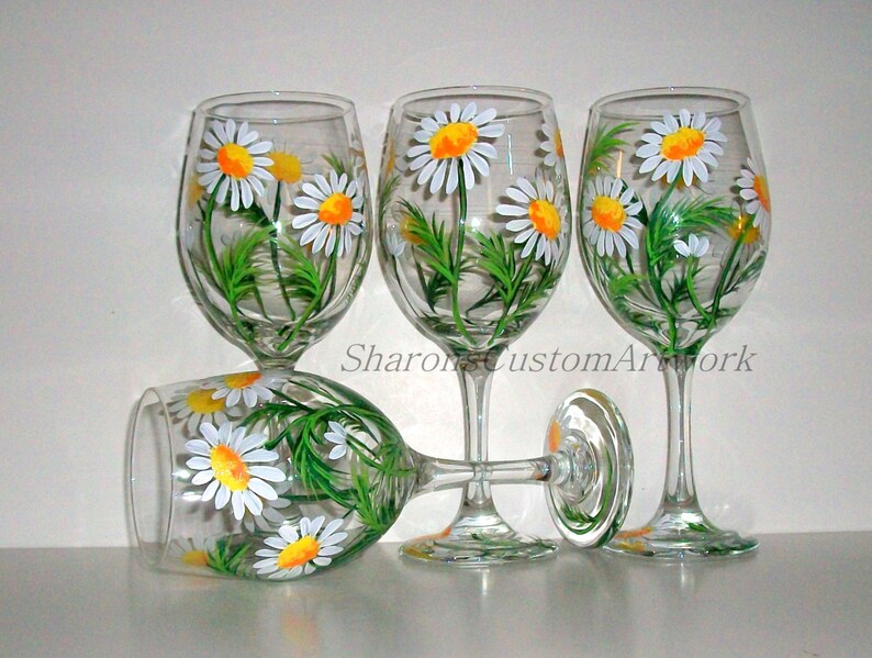 Springtime White Daisies Hand Painted Wine Glasses Set of 4 / 20 oz. Wine Glasses Painted Wine Handpainted Wine Glasses Daisy, Wedding Gift image 4