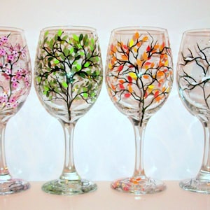 4 Seasons Hand Painted Wine Glasses Set - 4 -20 oz Wine Glasses The Four Seasons of Winter Spring Summer & Fall Snow Blossoms