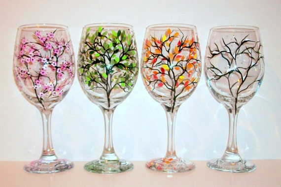 4 Seasons Hand Painted Wine Glasses Set 4 20 Oz Red Wine Goblets the Four  Seasons of Winter Spring Summer & Fall Snow Blossoms 