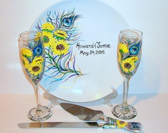 Sunflower and Purple Peacock Feather 5 Piece Set Plate Champagne Flutes Cake Knife and Server Set Made to Order Hand Painted Wedding Serving