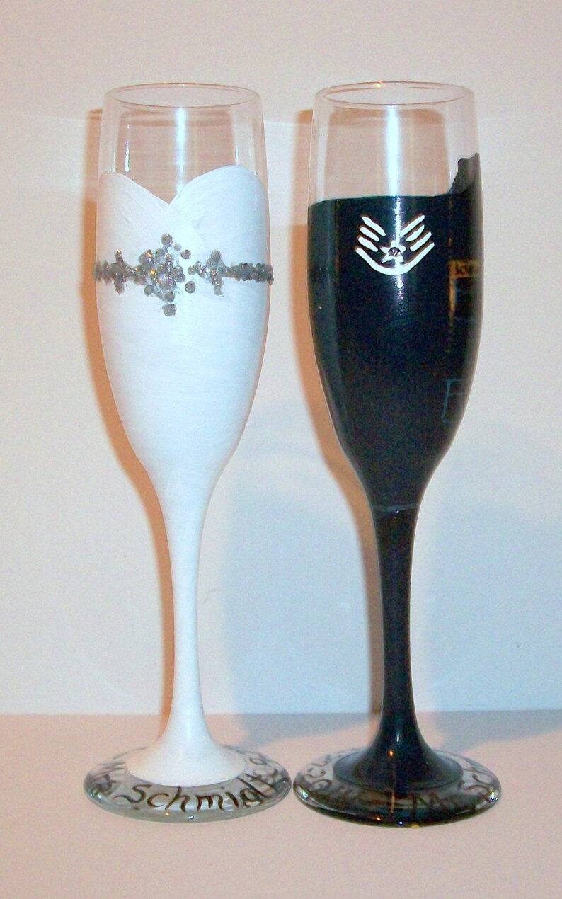 Bride and Groom Wedding Dress and United States Air Force Uniform Hand Painted Set of 2 / 6 oz. Champagne Flutes, Toasting Flutes, Wedding image 4