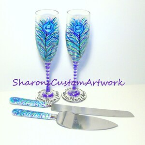 Purple Peacock Feathers 4 Piece Wedding Set 2 6 oz. Hand Painted Champagne Toasting Flutes with Cake Knife & Server Set Peacock Wedding image 2