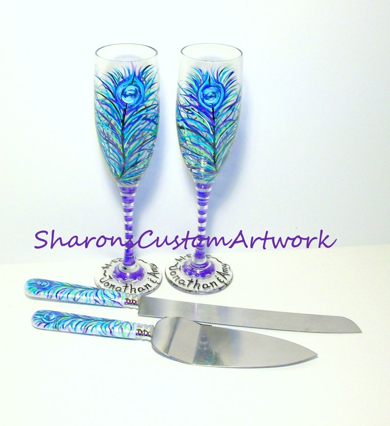 Purple Peacock Feathers 4 Piece Wedding Set 2 6 oz. Hand Painted Champagne Toasting Flutes with Cake Knife & Server Set Peacock Wedding image 2