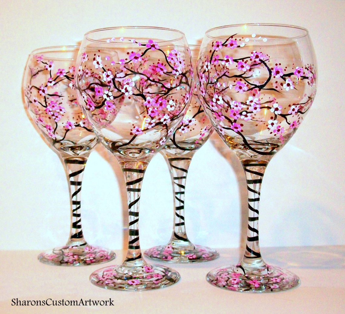 Cherry Blossoms Hand Painted Wine Glasses Set of 4 20 oz. Etsy