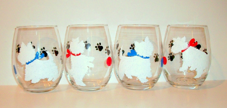 White West Highland Terrier Silhouette Set of 4 21 oz. Stemless Wine Glasses Hand Painted Wine Glassware Terrier Gift Dog Lover Westie image 1