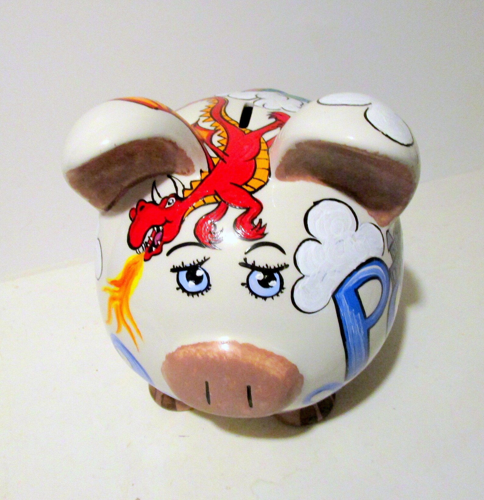 Jumbo Ceramic Piggy Bank Hand Painted Magical Dragons Blue Etsy