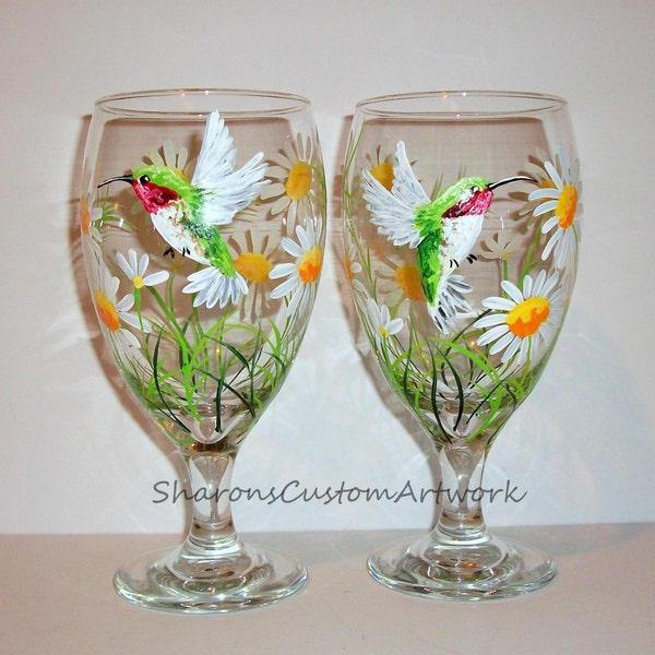 Hand Painted Tea Glasses or Wine Glasses Hummingbird & Daisies Set of 2 - 16 oz Mothers Day Christmas Gift White Daisy Flowers Ice Tea Glass