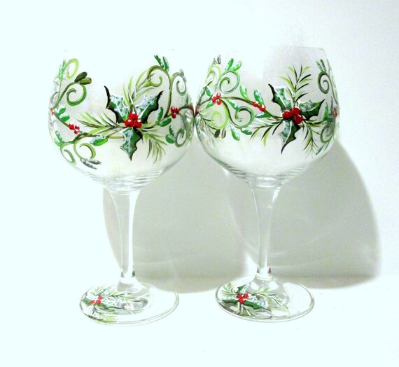Hand Painted Christmas Wine Glasses set of 2 Snow and Holly 