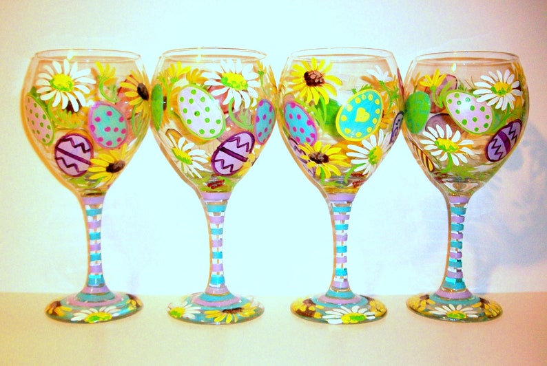 Easter Eggs & Daisies Yellow Sunflowers Hand Painted Easter Wine Glasses Set of 4 20 oz. Red Wine Goblets Daisy Decorated Eggs Easter Gift image 6