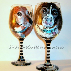 Pet Portrait Hand Painted Wine Glasses Custom Painting of Your Dog Cat Horse Pet On 2 / 20 oz. Wine Glasses Brittany Spaniel, Dachshund image 2