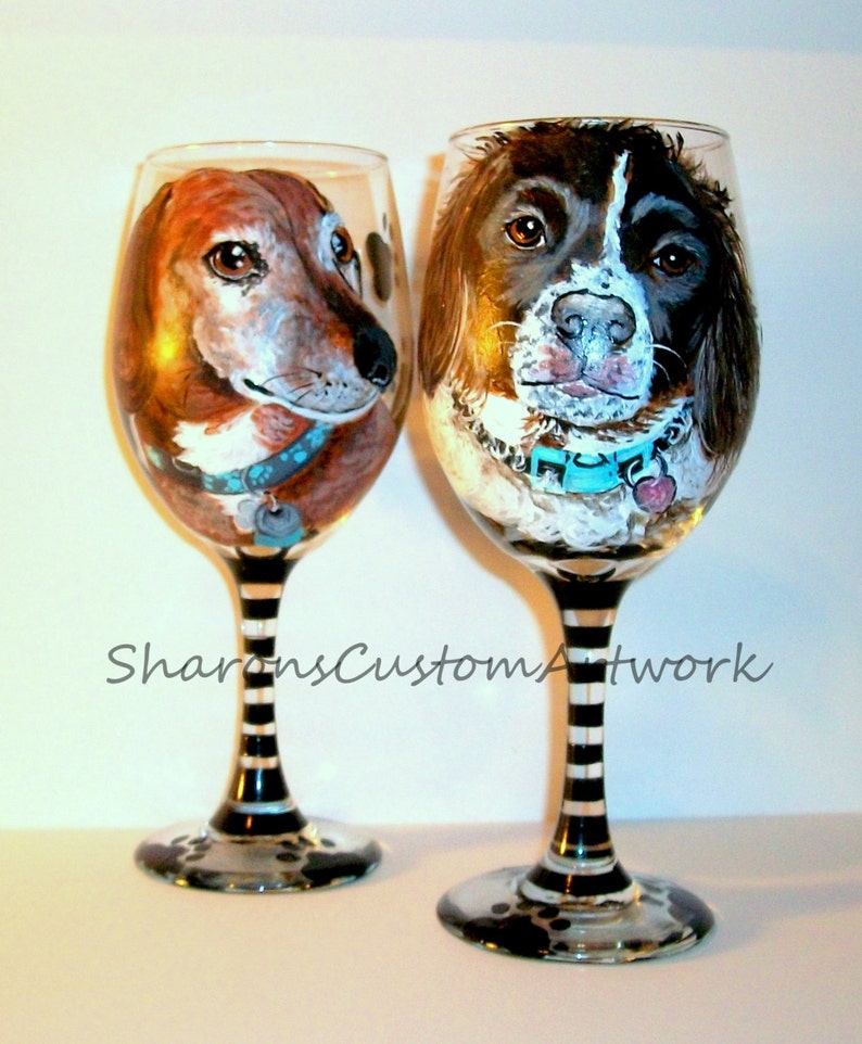 Pet Portrait Hand Painted Wine Glasses Custom Painting of Your Dog Cat Horse Pet On 2 / 20 oz. Wine Glasses Brittany Spaniel, Dachshund image 2