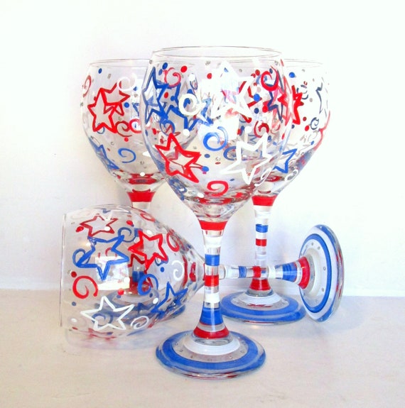 Hand Painted Stripes Stemmed Wine Glasses Set of 4