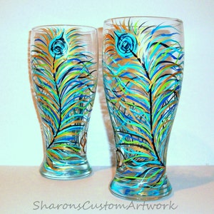 Peacock Feather Beer Glasses Set of 2 / 20 oz Hand Painted Pilsner Beer Glasses Painted Peacock Glassware Made to Order Painted Glasses